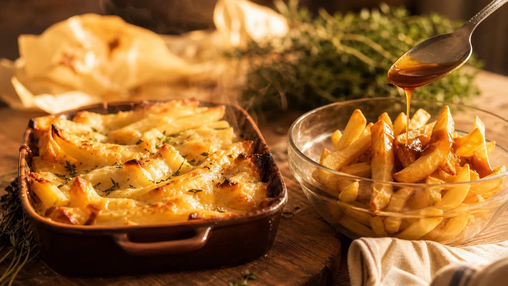 Que faire avec des frite froides ? Gratin de frites au fromage doré