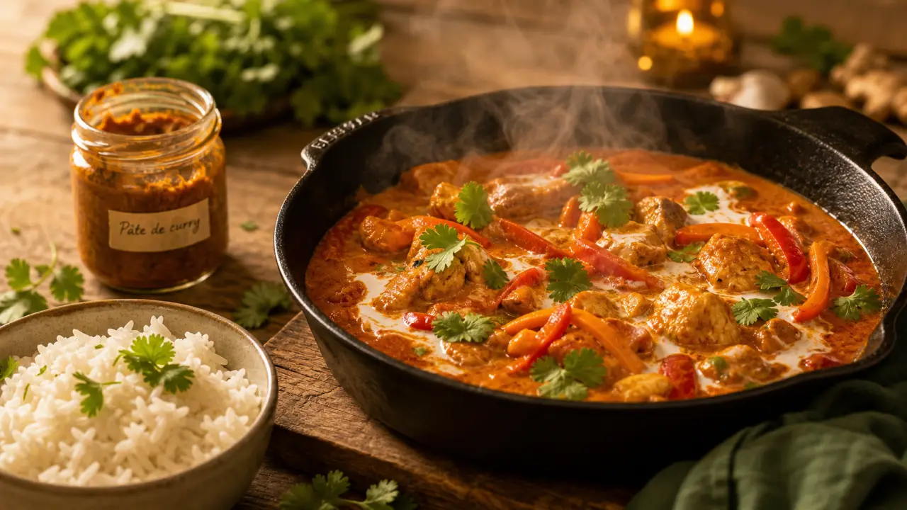 Recette avec pate de curry : poulet curry rouge, lait de coco, poivron
