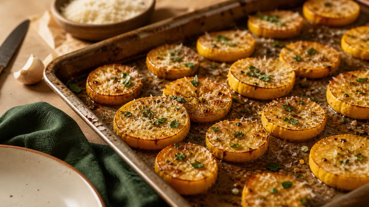 Recette courge jaune rôtie au four, tranches dorées au parmesan