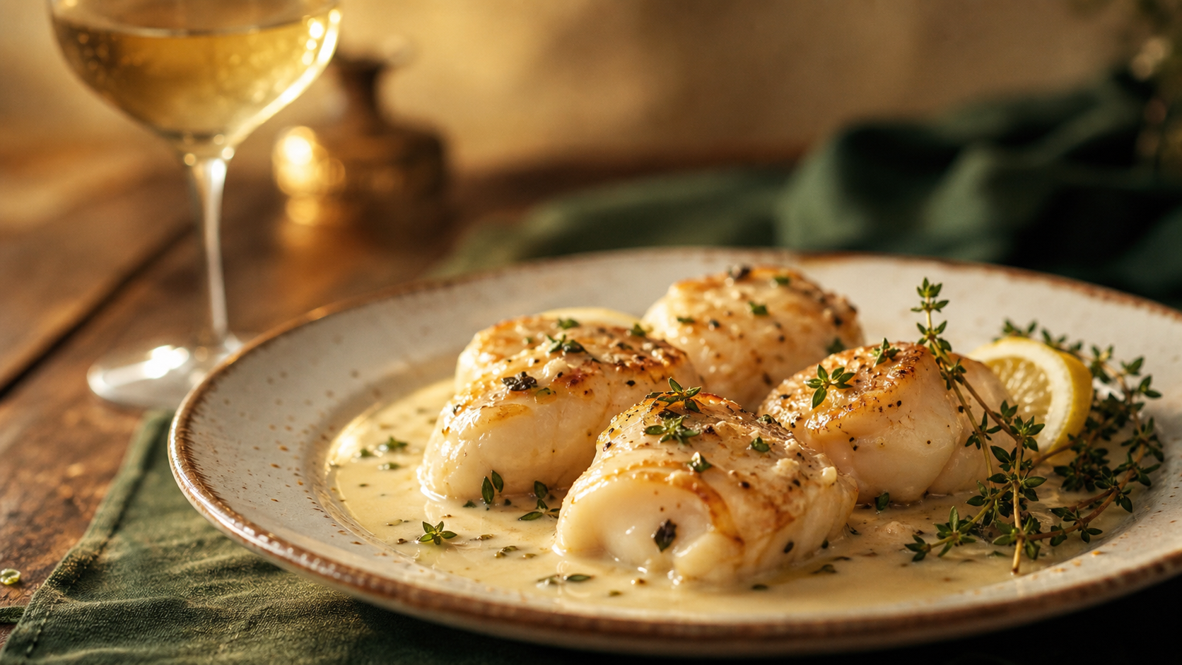 Recette de lotte raffinée : lotte nacrée sauce vin blanc, gros plan