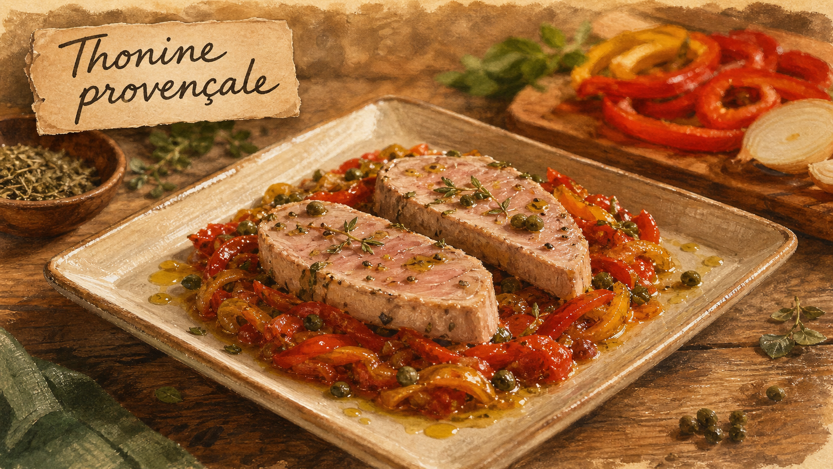 Recette thonine provençale, thonine rosée et compotée tomate-poivron