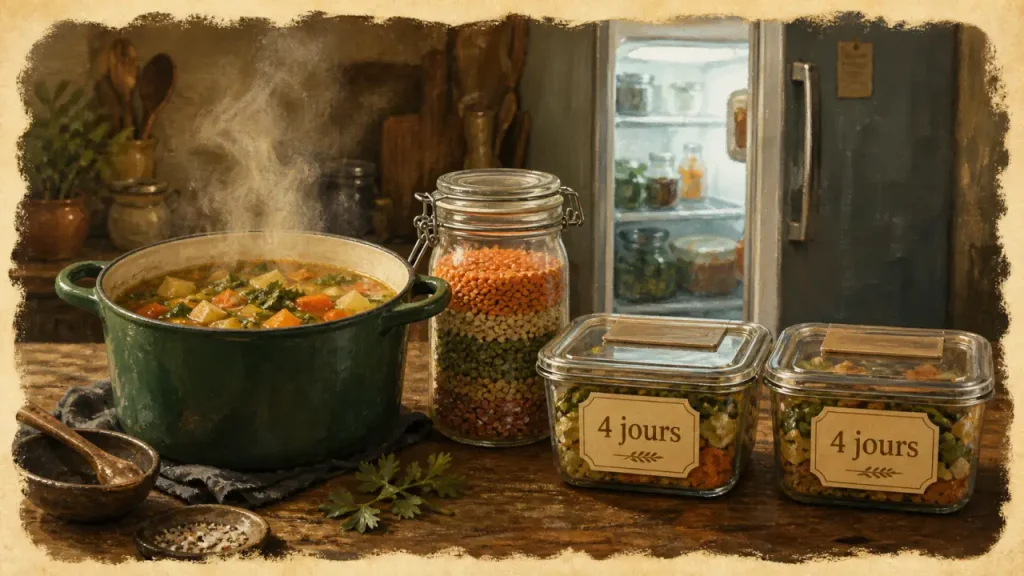 Soupe maison : 4 jours à 1 semaine au réfrigérateur pour une recette simple, 2 jours avec crème