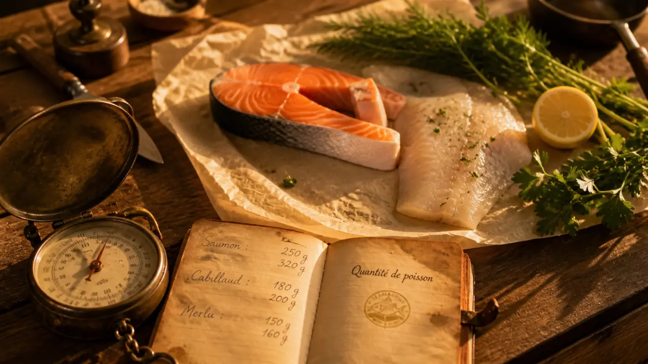 Combien de gramme de poisson par personne : poisson cru et cuit sur table avec balance