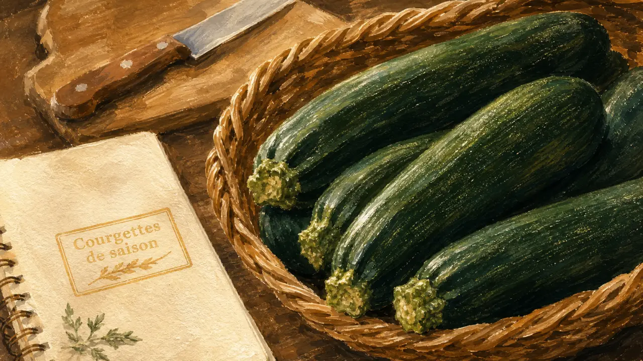 Courgettes saison : panier en osier, juin à septembre