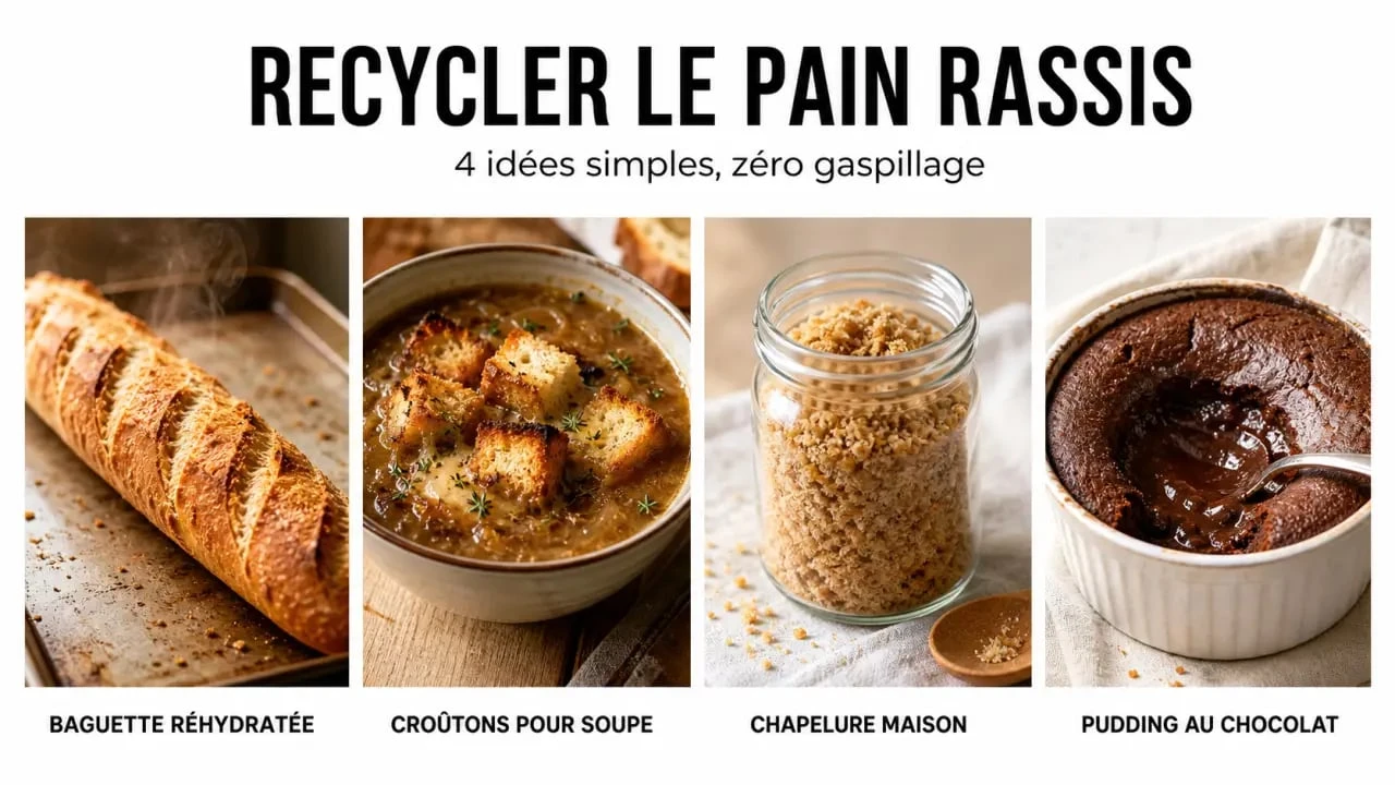 Pains rassis : quatre façons simples de les recycler en croûtons, chapelure, pain réhydraté et pudding au chocolat