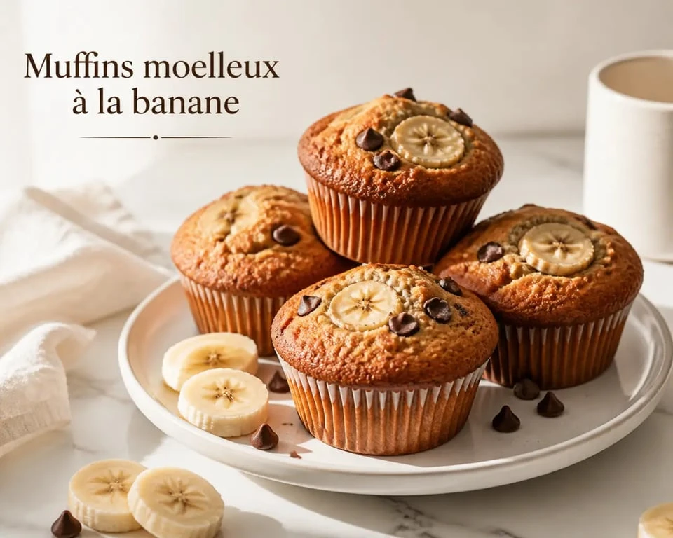 Recette muffin banane moelleux présentée en photo avec muffins dorés et texture fondante
