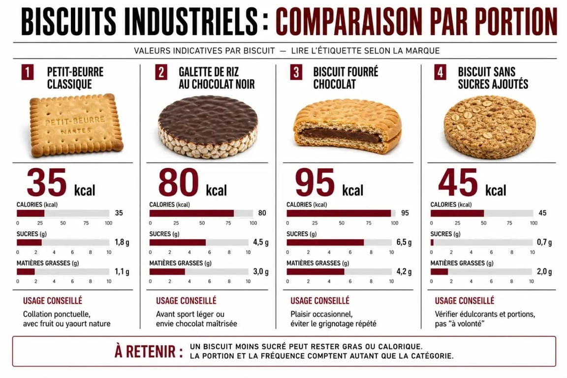 Infographie biscuit industriel comparant calories, sucres et portions des principaux types de biscuits