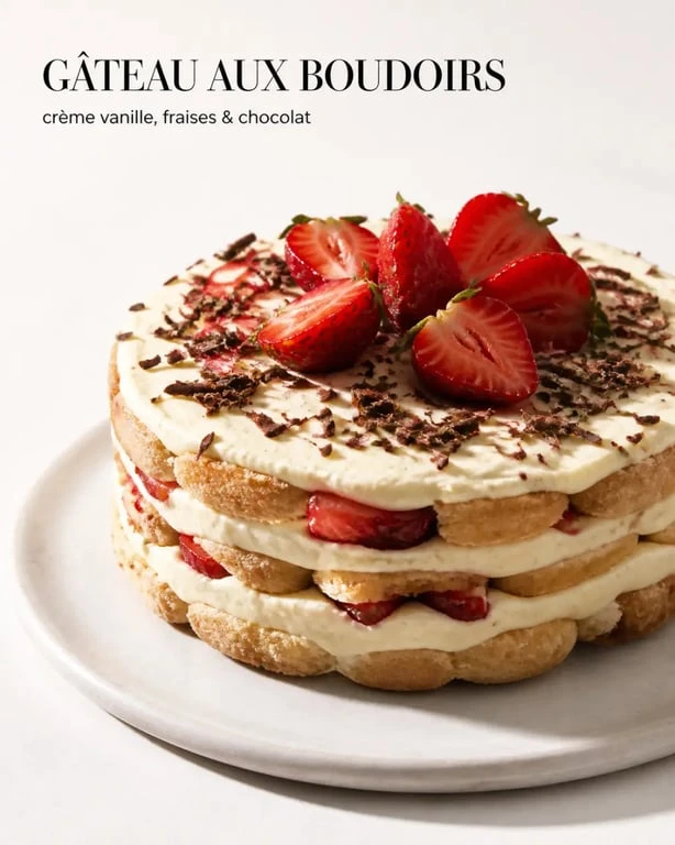 Recette gâteau aux boudoirs démoulé avec crème vanille, fraises et copeaux de chocolat