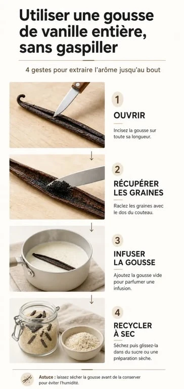 Vanilla beans : étapes visuelles pour fendre, infuser et recycler une gousse