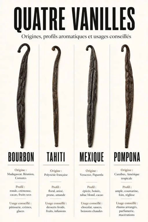 Vanilla beans : comparaison visuelle des variétés Bourbon, Tahiti, Mexique et Pompona