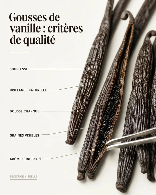 Vanilla beans : gros plan sur des gousses souples, brillantes et charnues de qualité