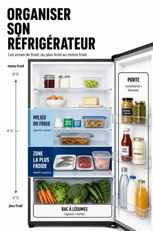Comment ranger son frigo : schéma des zones de froid et des aliments à placer dans chaque compartiment