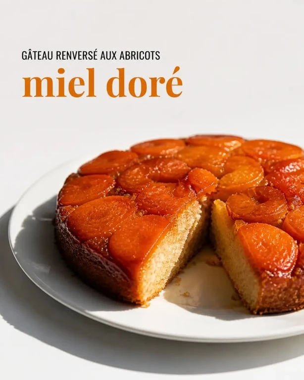 Dessert abricot : gâteau renversé aux abricots et au miel servi sur une assiette blanche