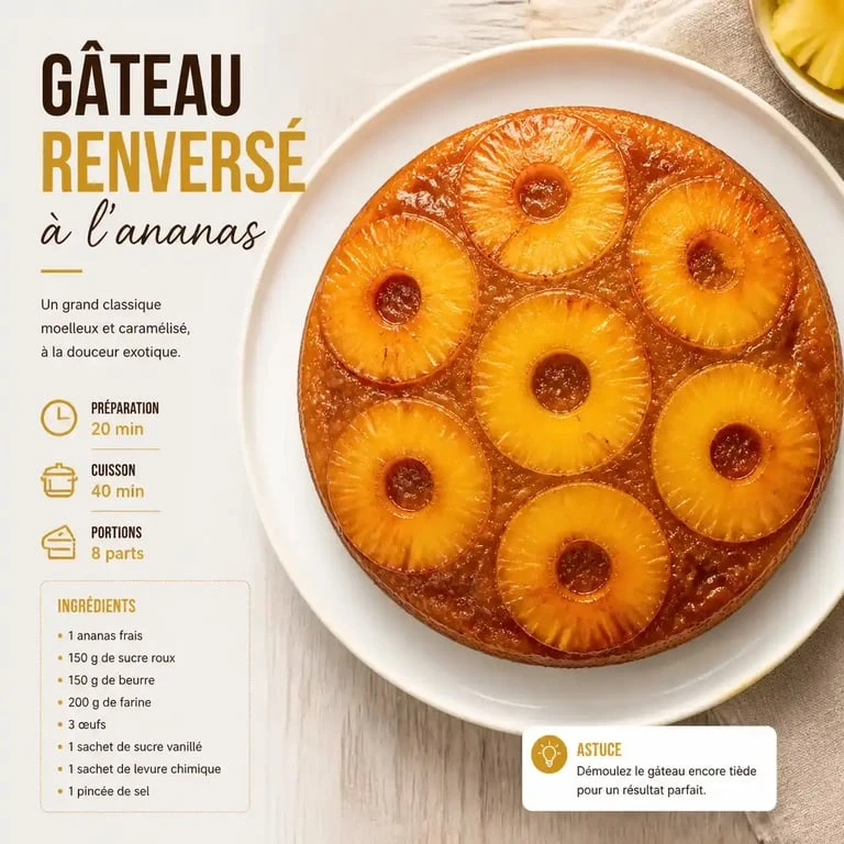 Gâteau renversé à l'ananas, recette de dessert gourmand et facile