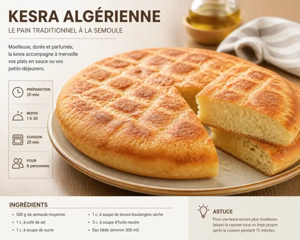 Recette kesra bien dorée et moelleuse, galette algérienne traditionnelle sur assiette