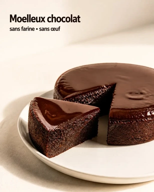 Gâteaux sans farine et sans oeuf moelleux au chocolat nappé de ganache, présenté sur assiette blanche
