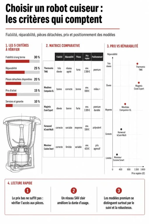 Infographie sur le meilleur robot cuiseur 60 millions de consommateur avec comparaison fiabilité, prix et durabilité