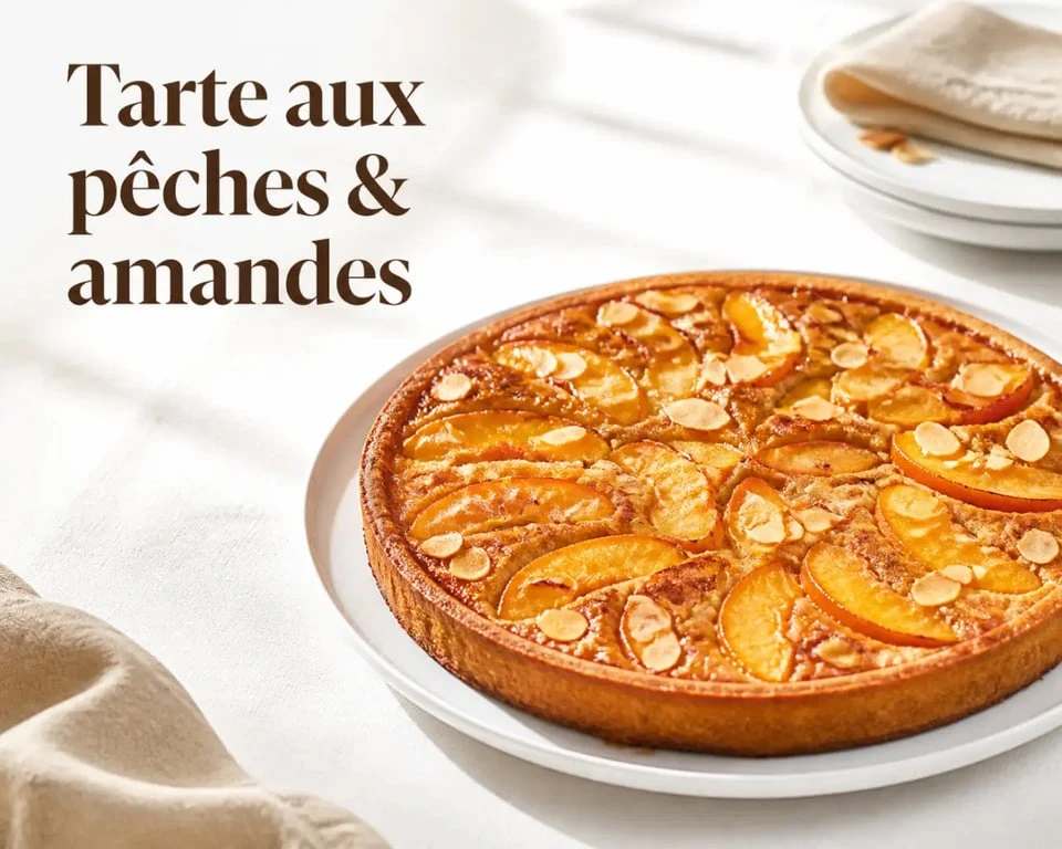 Desserts pêches : tarte moelleuse aux pêches et amandes sur assiette blanche