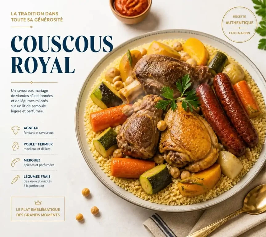 Assiette de couscous royal traditionnel avec différentes viandes pour le couscous