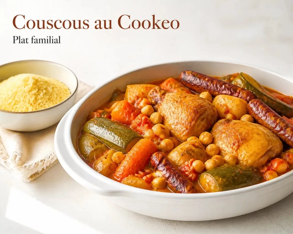 Meilleure recette couscous cookeo servie dans un grand plat familial avec poulet, merguez, légumes et semoule