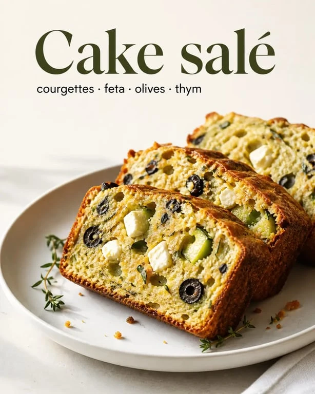 Recette salé de cake aux courgettes, feta et olives, tranche dressée sur assiette
