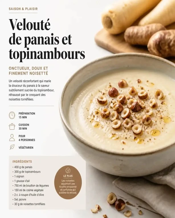 Velouté de panais et topinambours aux noisettes, recette de saison pour le mois de janvier