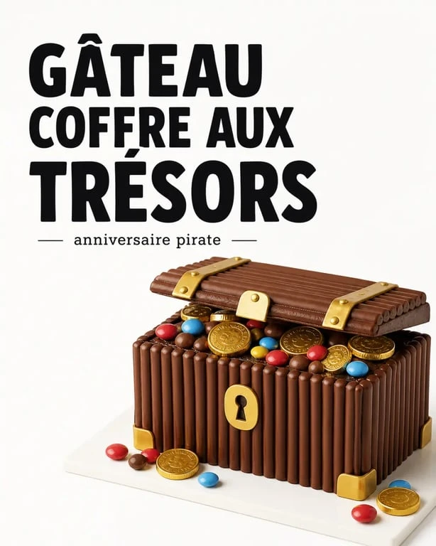 Gâteau rigolo anniversaire thème coffre aux trésors, décor pirate facile avec bonbons et biscuits