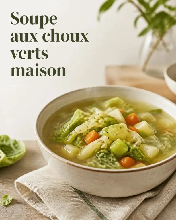 Soupe aux choux verts maison servie dans un bol, avec chou vert, pommes de terre et carottes