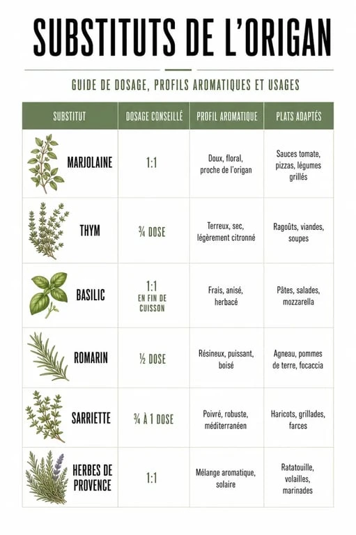 Par quoi remplacer l'origan : tableau comparatif des alternatives avec dosages et usages
