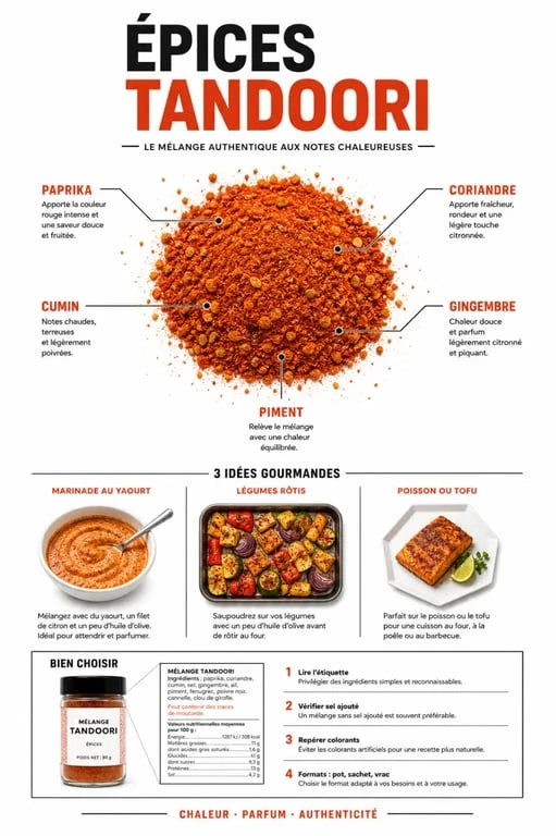 Infographie sur les épices tandoori : composition, usages culinaires et critères d’achat