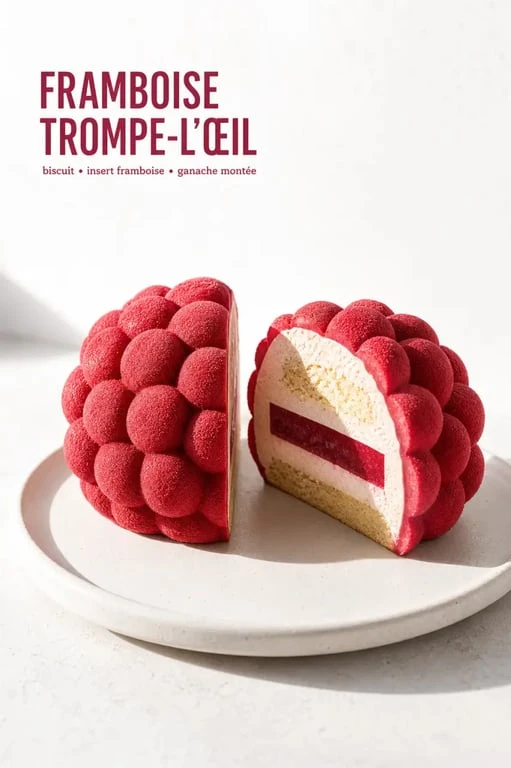 Gâteau trompe-l’œil framboise coupé montrant ses couches gourmandes