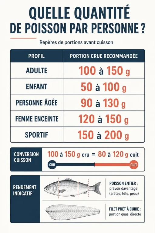Combien de gramme de poisson par personne : visualisation des portions selon adulte, enfant et poisson cru ou cuit