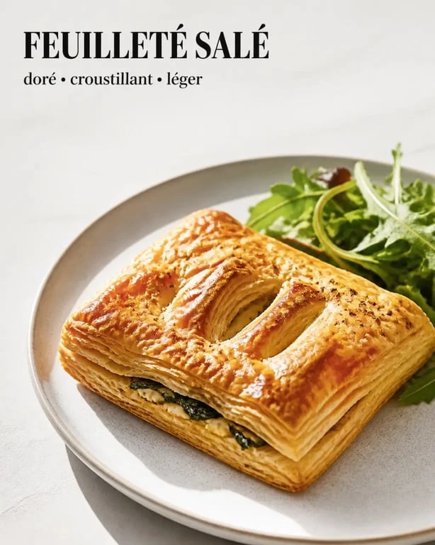 Recette feuilleté salé doré et croustillant servi avec salade sur assiette claire
