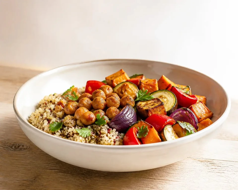 Nourriture healthy : bowl quinoa, pois chiches et légumes rôtis