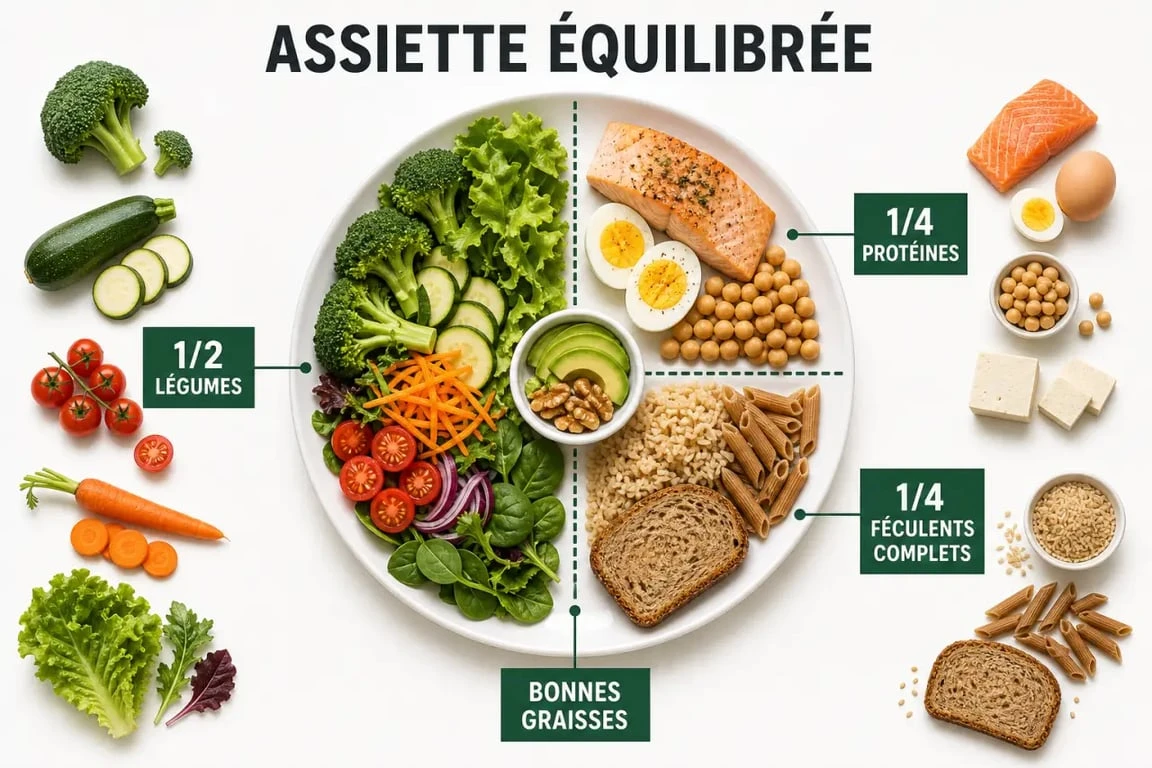 Nourriture healthy : assiette équilibrée avec légumes, protéines, féculents complets et bonnes graisses
