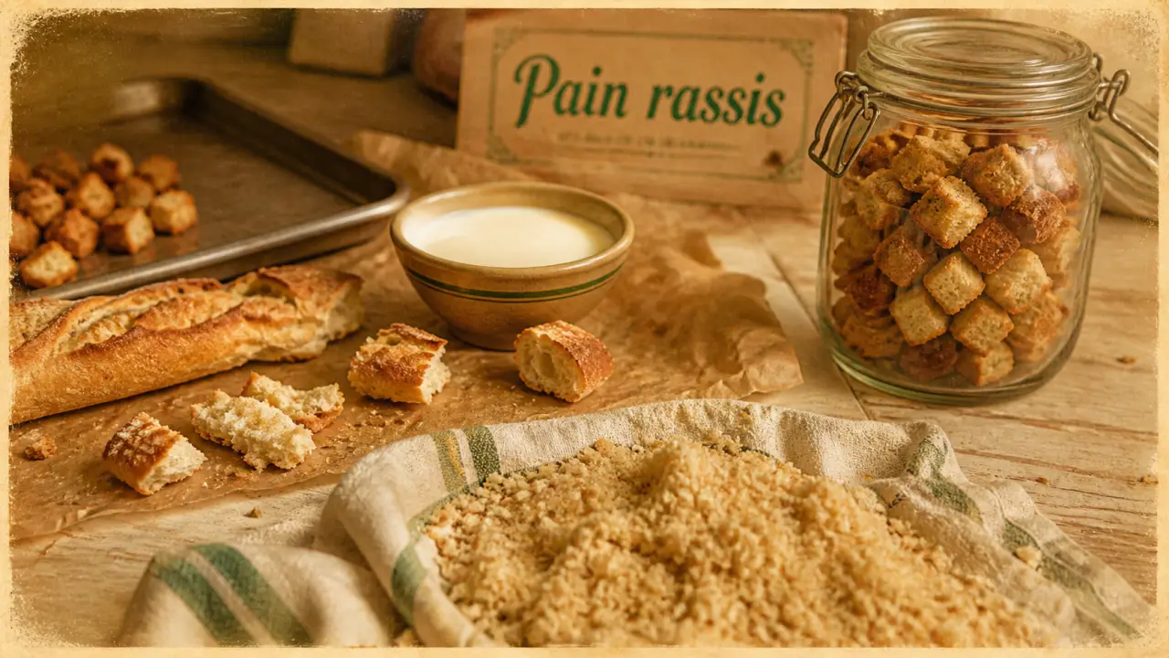 Pains rassis : croûtons dorés et chapelure maison sur table en bois