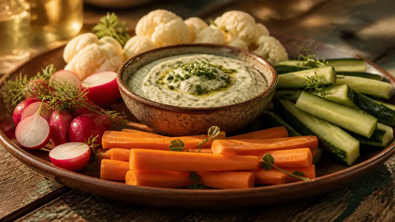 Sauce crudité pour apéro : fromage blanc et ciboulette avec légumes croquants