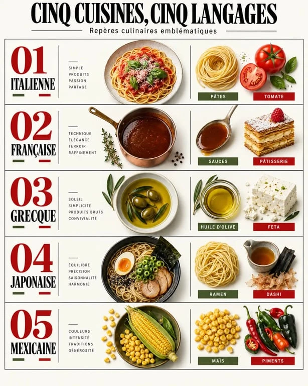Infographie des 5 grandes cuisines du monde et de leurs spécialités emblématiques