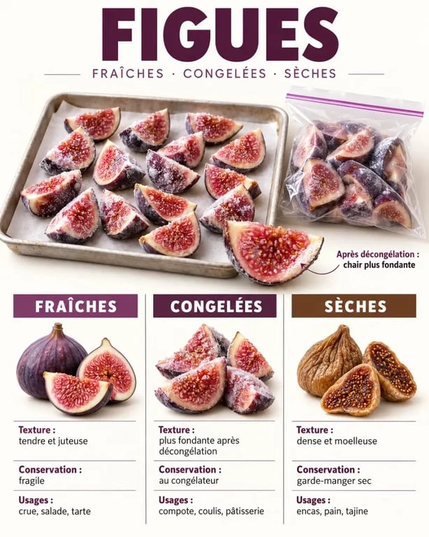 Infographie sur les figues congelées, fraîches et sèches selon leur texture et leurs usages