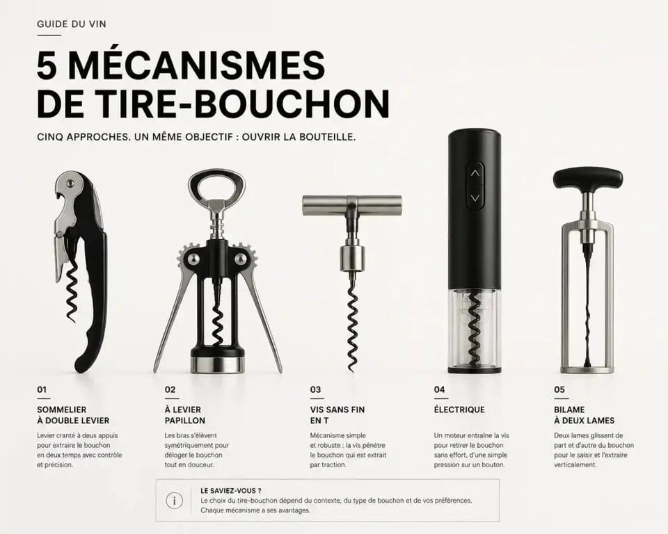 Les différents types de tire-bouchon comparés : sommelier, levier, vis sans fin, électrique et bilame