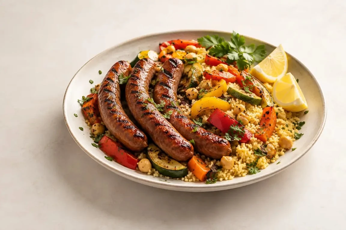 Accompagner merguez avec semoule, légumes rôtis et pois chiches