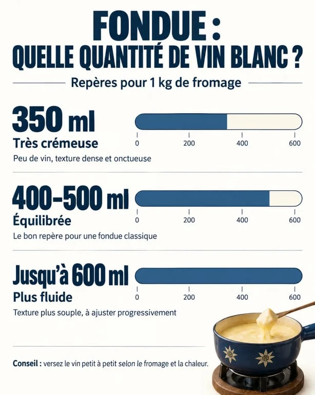 Combien de vin blanc pour 1kg de fondue : proportions selon la texture souhaitée