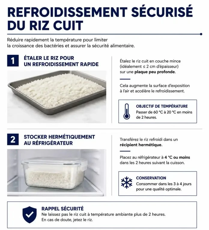 Infographie sur la conservation du riz cuit au réfrigérateur pour éviter le Bacillus cereus