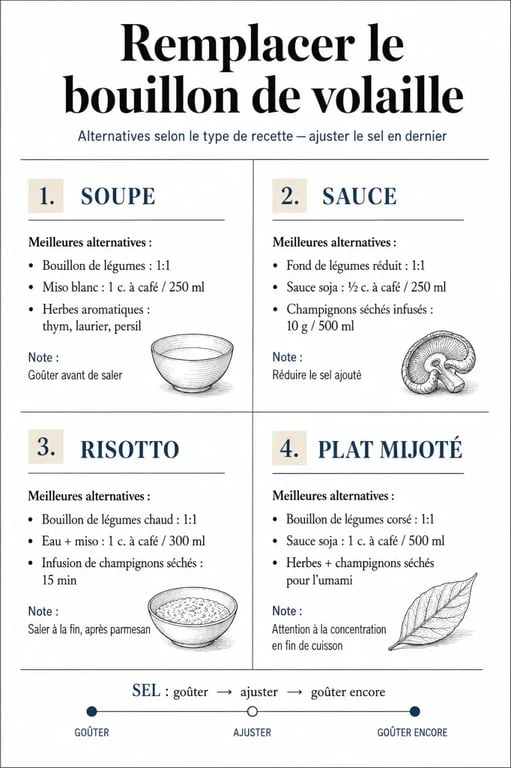 Infographie pour remplacer le bouillon de volaille selon la recette et le dosage conseillé
