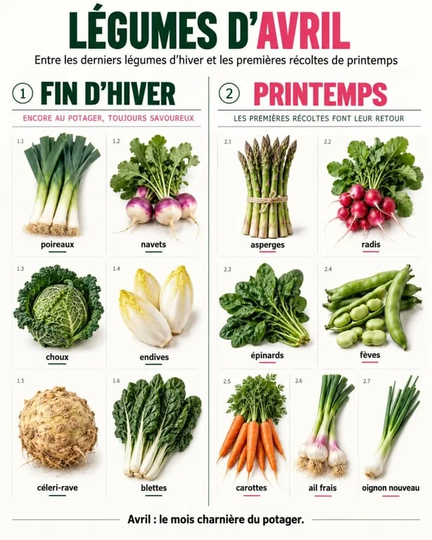 Infographie des légumes d’avril disponibles entre fin d’hiver et premières récoltes du printemps