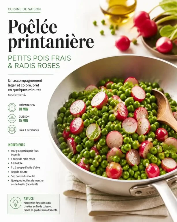 Poêlée printanière aux petits pois et radis, recette de légumes de mai