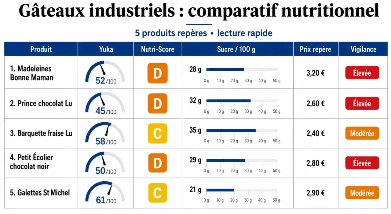 Comparatif des meilleurs gateaux industriels avec notes, sucre et prix