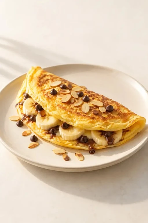 Omelette sucrée moelleuse garnie de banane, chocolat et amandes