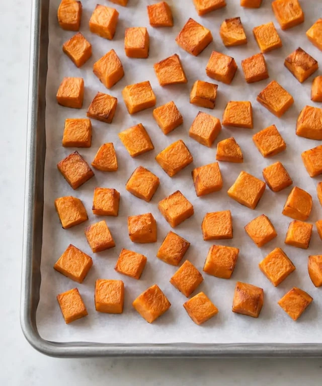 Cubes de patate douce cuits prêts à congeler patate douce sur plaque avant précongélation