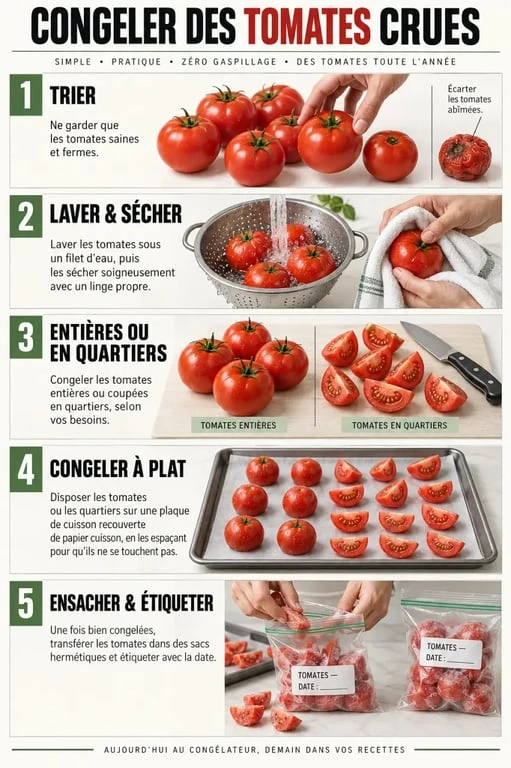 Congélation tomate crue : étapes de préparation, découpe et stockage en sacs